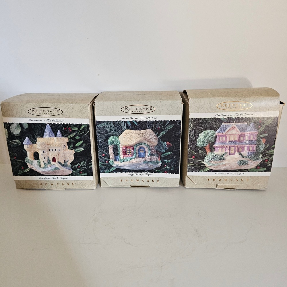3 Hallmark Keepsake 1995 Invitation to Tea Ornaments Castle Cottage Victorian